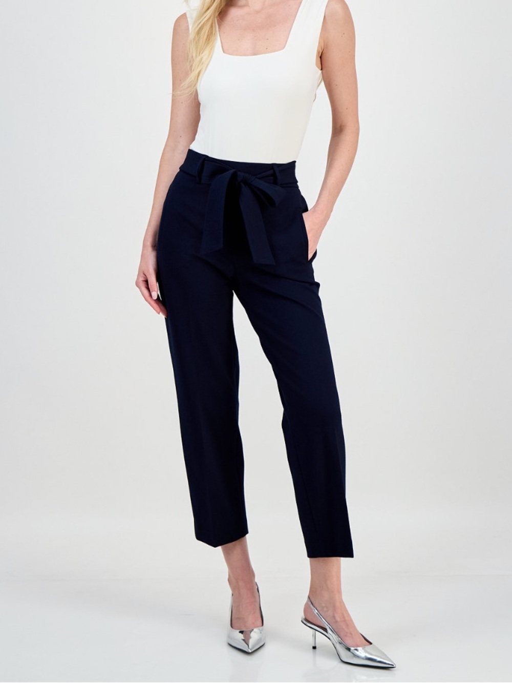 2 Pair (Navy & Black) Mid-Rise Tie-Waist Cropped Trousers